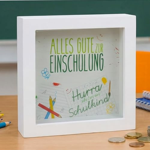 MIJOMA Spardose aus Holz mit Glasfront – dekorativer Sparrahmen für Geldgeschenke zu Hochzeit, Geburtstag, Reise & mehr – kreative Geldbox (Einschulung - weiß, 15 x 15 x 5 cm)