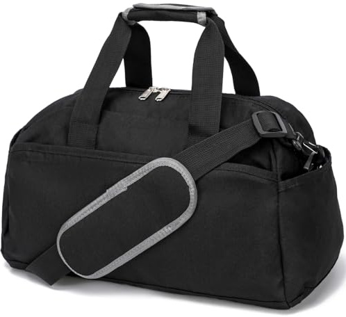 Kleine Sporttasche für Damen und Herren, 35,6 cm (14 Zoll), Mini-Tasche aus Segeltuch für Reisen, Sport, leichte Tragetasche, Schwarz , 14in x 8in x 8in