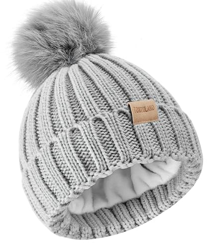 Children's Winter Warm Pompom Hat Fleece Lined Knit Beanie for Kids Aged 3-9, Perfect for Boys and Girls Grey