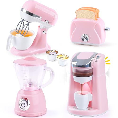 PLAY Accessori Cucina Bambini, Set di Accessori Cucina Giocattolo con Macchina Caffè Giocattolo, Mixer, Frullatore e Tostapane con Luci e Suoni, Kit Elettrodomestici Cucina per Bambini da 3+ (Rosa)
