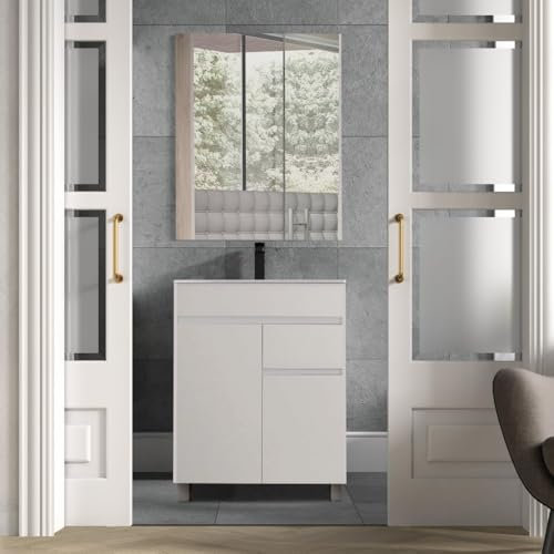 EL BAÑO MODERNO Juego Muebles de Baño con Lavabo y Espejo. Mueble Baño con Lavabo. Lavabo con Mueble Compacto Preinstalado de Fábrica. Mueble Lavabo de Porcelana. Muebles de Baño Lavabo (Blanco, 60cm)
