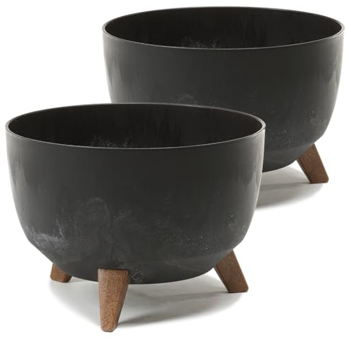 Tymar Vaso per fiori con piedistalli, vaso per fiori da esterno, grande sottovaso, vaso per fontana solare, vaso rotondo da terrazzo_Roma ((2pack) Cemento Nero; ø 24 cm)