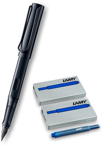 Lamy AL-star black Füller – Füllhalter mit ergonomischem Griff & schwarzer Stahlfeder in Strichbreite F – leichtes Aluminiumgehäuse – inkl. Tintenpatrone (Feder Fein + 10 Patronen Blau, black)