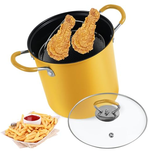 3L Small Deep Fat Fryer, Chip Pans with Basket and lid, Mini Fryers with Anti-scalding Silicone Handle, 304 Stainless Steel Gadgets for Home, Tempura Chips, Chip Fryers, Fish, Chicken (Yellow)