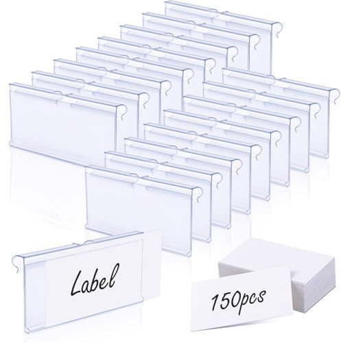 150 Set Etikettenhalter mit Etikettenpapier, 6x4cm Transparentem Kunststoff Beschriftungsclips, Clip-on Design Warenschilder für bis 6 mm Stärke Drahtregale, Aufbewahrungskörbe, Körben