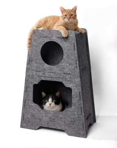 Pawtasy Katzenhöhle Filz Katzenhaus aus Filz für große Katzen, Katzen Höhle 3-Ebenen, Trapezform Stabiles Katzenbett Höhle, Filzhöhle Indoor Aussichtsplattform & Versteck, 50 x 31 x 73 cm, Grau