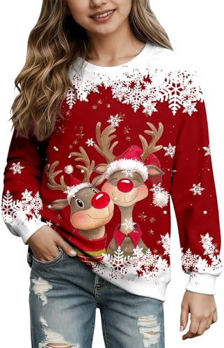Jersey de Navidad para niña, Jersey Navideño Niña, Sudadera de Navidad con Cuello Redondo, Camiseta con Estampado Festivo navideño, Sudadera de Manga Larga, suéter de Navidad, Disfraz Festivo