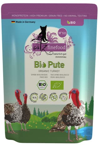 catz finefood Organic Bio Cibo per gatti tacchino, mangime umido monoproteico, di qualità biologica, per gatti – Nutrizione adatta alla specie con 94% di carne, Made in Germany (6 x 85 g)