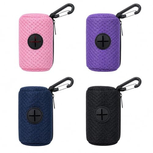 4PCS Dog Poop Bag Holder with Hook, Mesh Fabric Poo Bag Dispenser with Zipper, Durable Pet Waste Bags Organizer for Walking, Hiking, Travel – Fits Most Rolls (Black, Pink, Purple, Blue)