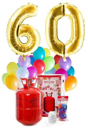 Party Factory `Happy 60´ Helium Komplett-Set, 2 goldene XXL Zahlenballons, 30 bunte Latexballons, 400l Ballongas und 40m Ballonschnur