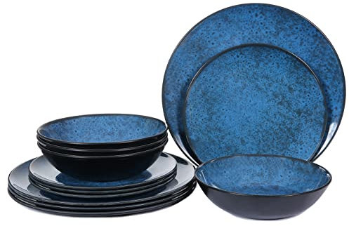 Gofunfun Service de table en mélamine pour 4 assiettes plates, bols, vaisselle classique en mélamine incassable, passe au lave-vaisselle pour un usage quotidien, 12 pièces