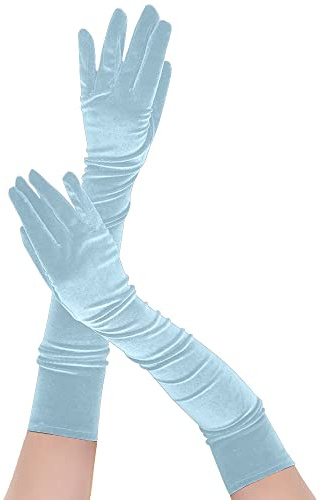 Memoryee Femmes Sexy Longs Gants Satin Coude Longueur 21 Extensible Années 1920 Opéra De Mariage Soirée De Danse Gants et Mitaines Bleu clair