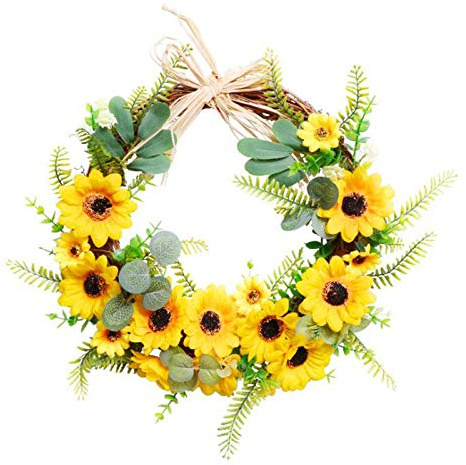 MISNODE Corona di girasole artificiale da 17,7 pollici, corona floreale da appendere a porta anteriore, ghirlanda di fiori di seta gialla di simulazione, falsa primavera estate rattan Swag