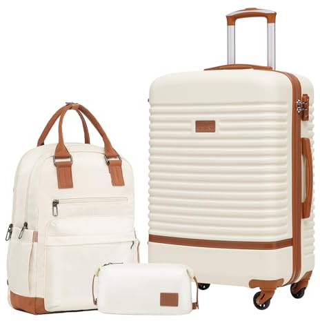 COOLIFE Set di Valigie,Trolley da Viaggio con 4 Rotelle Girevoli a 360° TSA Serratura 1 zaino da viaggio e 1 Borsa da toilette Incluso (Albicocca/Bianco, Set di valigie 3pzs (24))