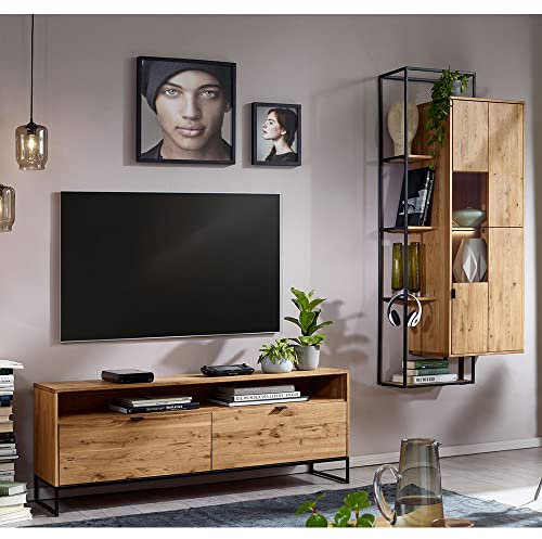 Lomadox Mediawand Schrankwand - Fernsehschrank mit Hängevitrine - in Wildeiche massiv geölt mit LED Beleuchtung, B/H/T ca. 220/200/40 cm