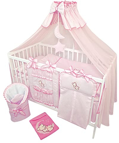 Bello24 - 14 Pieces Linge de lit bébé Ensemble Complet sans lit brodé avec Nounours sur la Lune Rose (90x120 cm)