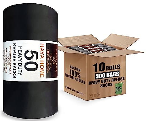 Haya Home 500 75L Black Plastic Bin Bags Heavy Duty Bin Liners, Refuse Sacks Pack of 50 x 10 Heavy Duty Waste Dustbin Bags roll for Kitchen Home Office DIY Garden Made from 100% Recycled Material