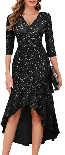 BeryLove Women Sequin Formal Cocktail Glitter Dress 3/4 Sleeve Evening Gown Wedding Guest Party Homecoming Ruffle Hi Low Dresses 7065 Black L
