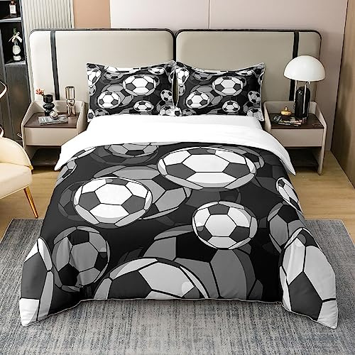 Homewish Set di biancheria da letto per bambini, 100% cotone, copripiumino matrimoniale con motivo a calcio americano, set di biancheria da letto con motivo a tema calcio, 3 pezzi, con 2 federe, nero