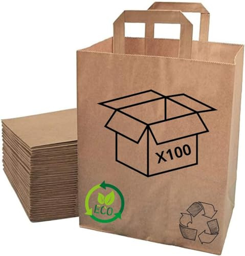 Sac Kraft Papier Recyclé | Fond Plat - Poignées Plates | Lot de 100 Sacs Cabas Haute Résistance | Apte Contact Alimentaire | Commerces - Vente à Emporter - Cadeaux (22 + 10 X 28)