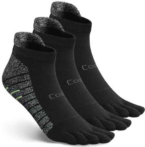 likloks Calcetines Toe para Hombre y Mujer - Calcetines Deportivos para Correr y Senderismo de Cinco Dedos - Calcetines Tobilleros con Amortiguación y Soporte de Arco, Negros/Grande - 3 Pares