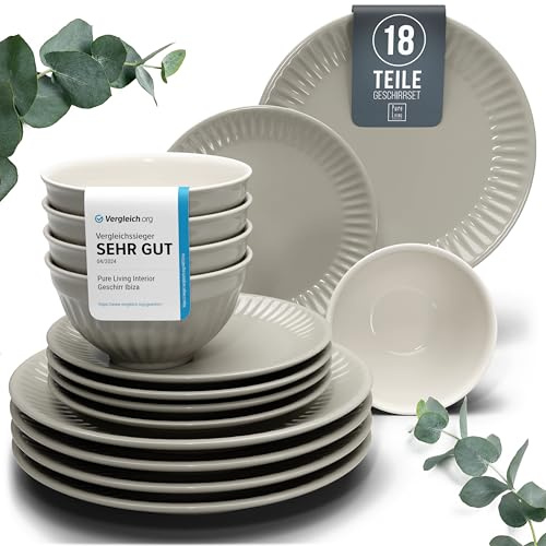 Steingut Geschirrset 6 Personen Hygge 18 tlg. TESTSIEGER, Traumhaftes Skandinavisches Steingut Geschirr Set, Schüssel- und Teller Set, Tafelservice 6 Personen, Geschirrsets Pure Living in Hellbraun