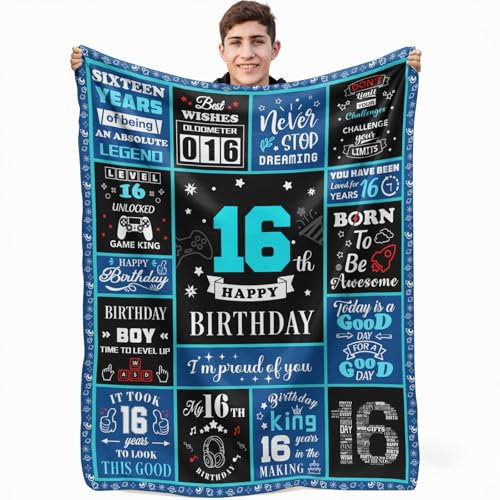 16th Birthday Game Gifts for Boys, 16 Year Old Gifts for Boys, 16th Birthday Decorations for Boy, Kids Game Theme Blanket 60 x 50 Inches for Boy 16 birthday Gaming Gifts Game Night Room Decor