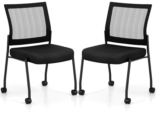 COSTWAY Set of 2/4 Reception Chairs, Upholstered Mesh Office Chairs with Wheels, Meeting Conference Chair Guest Visitors Seats for Home Office (2 PCS, without Armrest)