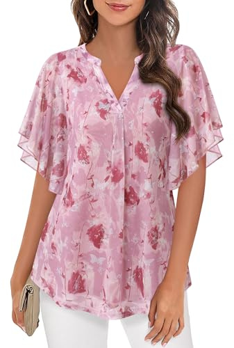 Vafoly Chemisier d'été élégant à manches courtes, col en V, en maille, motif floral, double couche, Rose, XXL