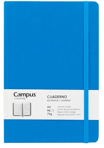 Campus – Taccuino A5, Bullet Journal a righe orizzontali da 7 mm, taccuino cucito a copertina rigida con 96 fogli da 75 g, chiusura elastica, tasca e segnalibro. (A5, Strisce orizzontali, Blu)