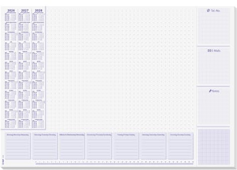 SIGEL H6355 Papier-Schreibtischunterlage DIN A2, Kalender 2026 - 2028 und Wochenplan, 30 Blatt, Schreibunterlage aus nachhaltigem Papier