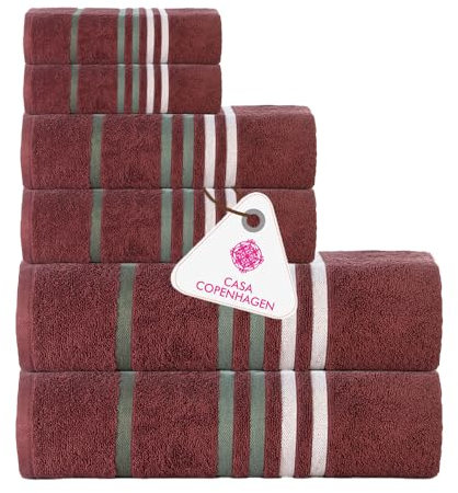 Casa Copenhagen Exotisches 6-teiliges Handtuch-Set – Burgund, 525 g/m², 2 Badetücher, 2 Handtücher, 2 Waschlappen aus weicher ägyptischer Baumwolle für Badezimmer, Küche und Dusche
