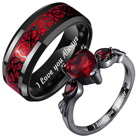ZatoviG Paar Ringe mit Gravur Eheringe Partnerringe Verlobungsringe für Frauen Wolfram Herren Schwarz Rot Zirkonia Ring Edelstahl für Freundin (Ring für Paare)