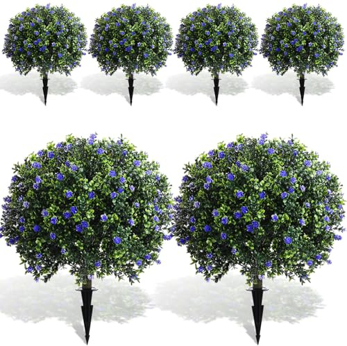 Yunlly 6 bolas topiarias artificiales de boj de 27 pulgadas, bolas de boj para exteriores con arbusto sintético de flor, resistente a los rayos UV, planta de arbusto falsa con estaca para decoración