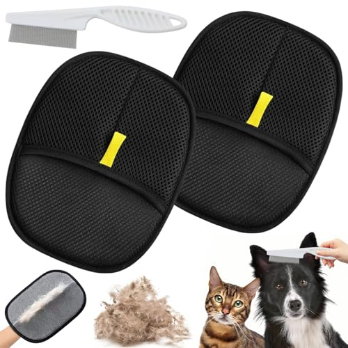 2 pezzi Guanti per La Toelettatura degli Animali Domestici, Double Sided Grooming Glove, con pettine antipulci, antistatico E riutilizzabili, spazzola per gatti, per la depilazione e la bellezza. (C)