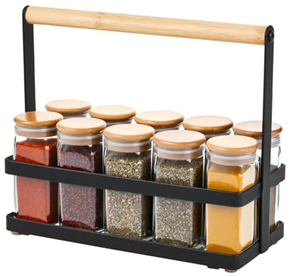 Amig - Organizador de Botes de Especias - Estante para Encimera de Cocina - Acero Negro y Bambú - Almacenamiento de Tarros de Cocina y Especieros - Medidas: 21,5 x 9,5 x 18 cm