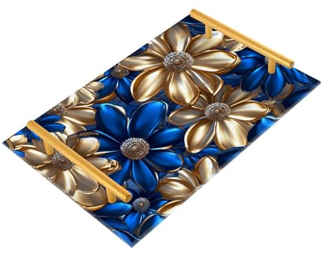 Blue and Gold Vintage Flowers Decorative Couch Tray with Handles Food Tray for Bed for Jewelry Perfume for Bed Serving bandejas para desayuno baratas
