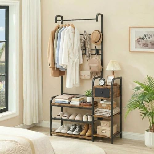 JOLLYTOP Garderobenständer, Standgarderobe mit Schuhablage, 5-in-1-Eingangsbank mit Haken und Ablagen, Industrielle Garderobe mit Schublade, für Flur, Schlafzimmer, Wohnzimmer, Vintagebraun