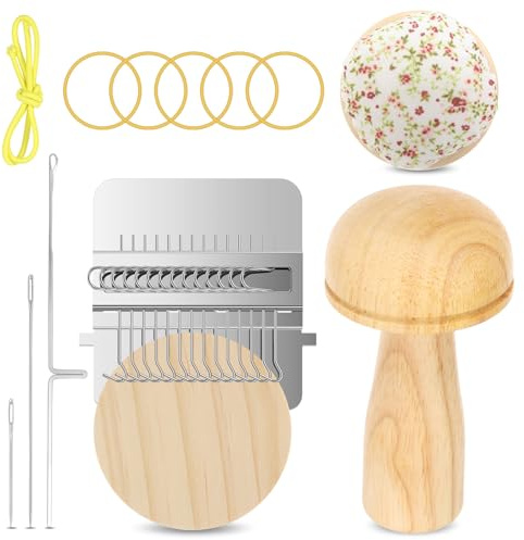Mini Darning Looms Kit,Knit Patch Mending Kit, Darning Mushroom with 14 Hooks Small Weaving Looms and Large Eye Needles for Handcraft DIY Weaving Repair Tool