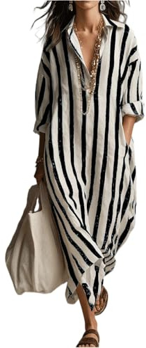 Vestito Donna Elegante, Curvy Lunga Larghi Elegante Semplice Estivo Camicia A Righe Moda Casual Mare Sangallo Comode Maglina Leggero Maniche Tre Quarti Summer Vestiti Curvy Donna,XL
