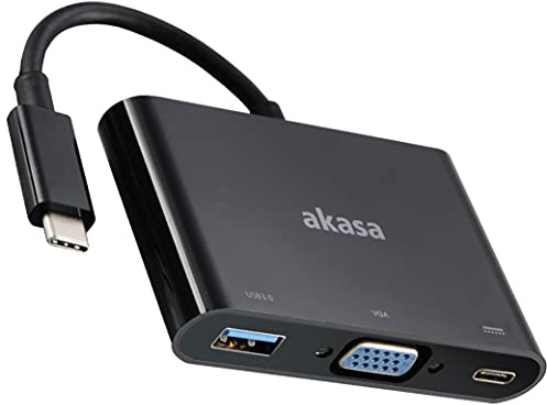 Akasa Type-C to VGA and Power Delivery adapter with extra USB 3.0 Type-A port | USB 3.1 | Full HD | 40W PD | 5Gbps | Multiport | AK-CBCA02-15BK | Compatible with MacBook, Dell, Lenovo and More