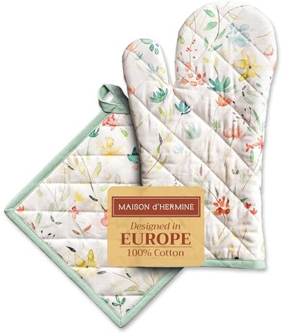 Maison d' Hermine Colmar 100% Coton Ensemble de Gants de Four de (19cm x 33cm) et maniques de (20cm x 20cm), 100% Coton, pour Barbecue, Cuisson, Four, Micro-Ondes, grillades, Printemps/Été, Pâques