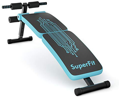 GYMAX Adjustable Sit up Bench, Folding Abdominal Training Slant Bench with Reserve Crunch Handle, Curved Decline Bench for Home/Gym (Blue)