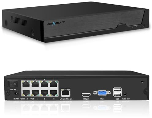 GENBOLT NVR PoE 4K, Sistema de videovigilancia de 10 Canales, Compatible con cámaras IP PoE HD 8MP/5MP/4MP/1080P, Grabación de vigilancia 24/7, Sin Disco Duro