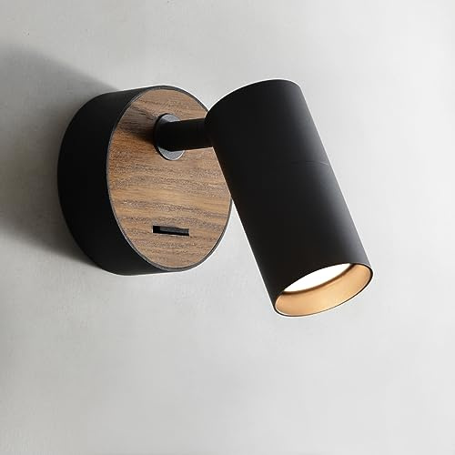 ouglres vägglampa med strömbrytare, vägglampa inomhus trä vintage, svart aluminium lampskärm roterbar, sänglampa, vägglampa i industriell design för sovrumsbelysning vardagsrum hall, Gu10, 1-pack