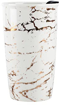 Reusable Coffee Cup Travel UMLACA Ceramic Mugs for Hot Drinks,Insulated Double Wall Mug with Lid 12oz/350ml,BPA Free,Dishwasher Safe,for Home,Office,Car,To Go,Gold Foil Pattern