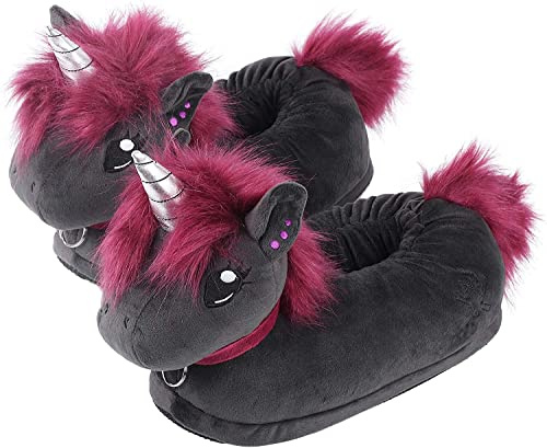 corimori EU Einheitsgröße 44-48, Coole Plüsch-Slipper, Ruby das Punk-Einhorn, lustige Einhorn-Hausschuhe für Erwachsene, kuschelige Gothic Tier-Pantoffeln, Anthrazit-lila