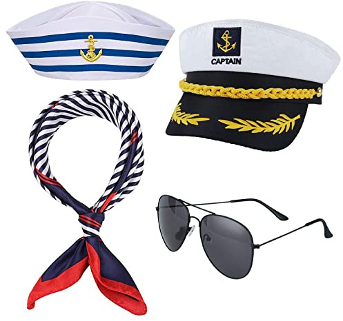 Kavoc 4 Pieces Yacht Captain Hat Sailor Ship Cap and Scarf Sunglasses Navy Sailor Hat Boat Navy Hat White Sailor Cap for Adult Men Women Captains Dressing up Party
