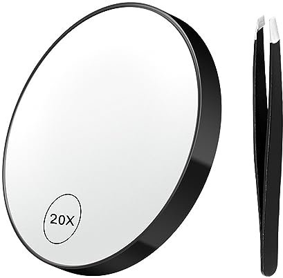 Miroir de courtoisie grossissant compact rond transparent avec ventouse, pince à épiler, parfait pour le maquillage, le rasage, les voyages, noir, 20x
