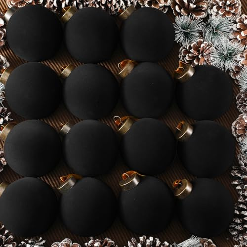 Liliful 15 Stück Samt-Weihnachtskugeln im Set – Flockierte Christbaumkugeln aus Kunststoff, 8 cm, schwarze Weihnachtsbaumornamente zum Aufhängen